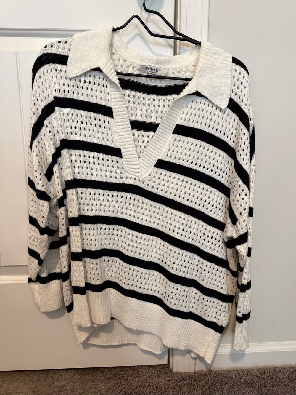 torrid White & Black Striped Open-Knit V-Neck Sweater